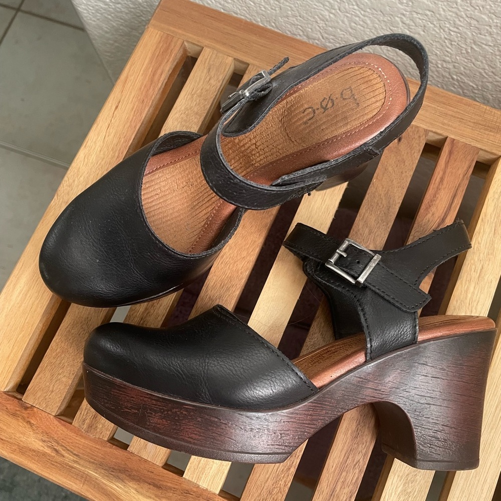BOC Women's Black Leather Mules with Wooden Heel